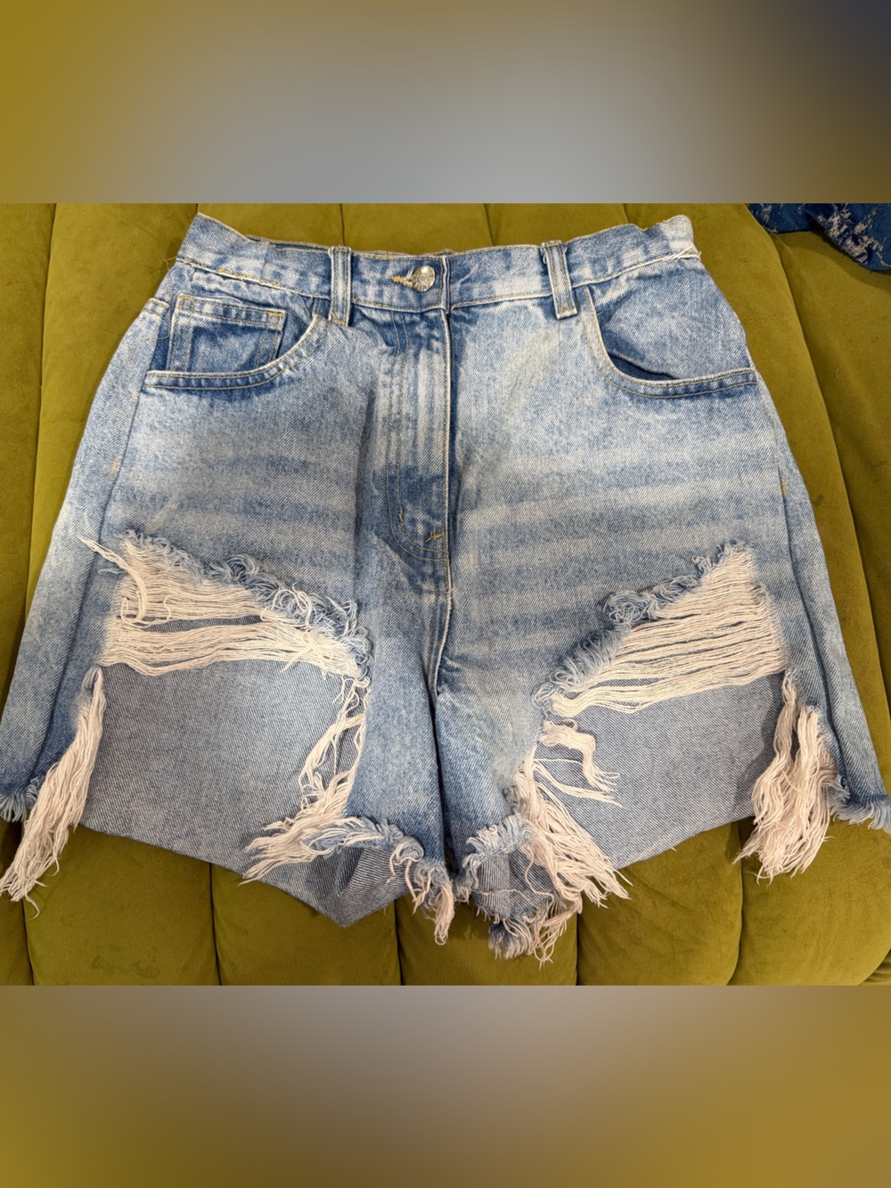 Frayed Light Blue High-Rise Ripped Denim Shorts